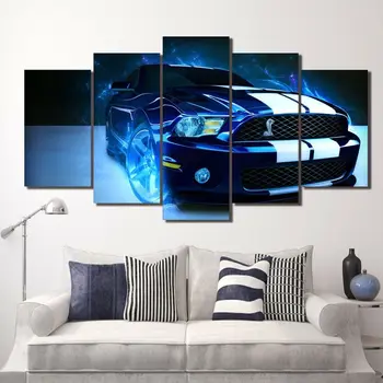 Mavi Mustang Shelby Araba Posteri 5 Panel Tuval Baskı Duvar Sanatı Ev Dekor HD Baskı Resimleri Yok Çerçeveli 5 Parça Odası Dekor Resimleri
