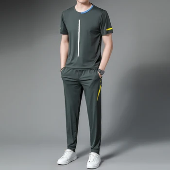 Minglu Yaz erkek Setleri (T-shirt + Pantolon)lüks Kısa Kollu Yuvarlak Yaka Spor Rahat Erkek Takım Elbise Elastik Bel erkek pantolonları 4XL