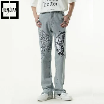Moda Boy Hip Hop Kot Pantolon Yılan Kelebek Nakış Hi Sokak Y2K Tarzı Denim Pantolon Yıkanmış Mavi