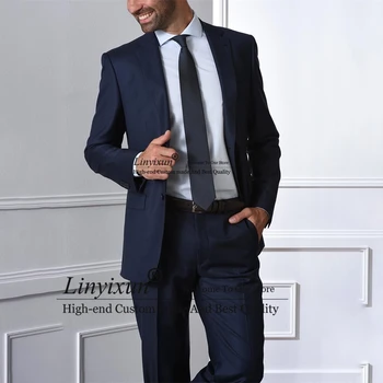 Moda Lacivert Erkek Takım Elbise Slim Fit Resmi Iş Blazer Günlük 2 Parça Set Ceket Pantolon Düğün Damat Smokin Terno Masculino