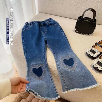 Moda Çocuk Giysileri Kızlar için Pantolon Bebek Kız Sevimli Sevgi Dolu Kalp Denim Çan Dipleri Toddler Kız Kawaii Geniş Bacak Kot Degrade