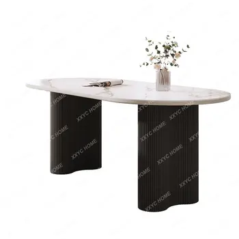 Modern taş plaka Oval ışık lüks High-End restoran yemek masası küçük daire yemek masaları ve sandalyeler seti