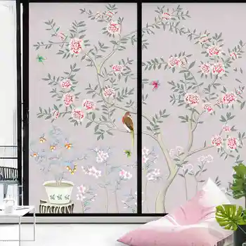 Modern Çin tarzı dekoratif çiçekler ve kuşlar elektrostatik tutkalsız çıkartmalar sürgülü kapı bölme cam çıkartmaları buzlu