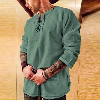 Nakış Gevşek Erkek Gömlek Uzun Kollu Düz Renk Üstleri Retro Pamuk Keten Bandaj Lace Up Pamuk Bluz Ortaçağ Giyim