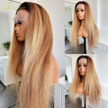 Ombre Bal Sarışın Renk Kaba Yaki Sapıkça Düz Dantel ön peruk HD dantel ön peruk tam insan saçı Önceden Koparıp 13x6 Brezilyalı