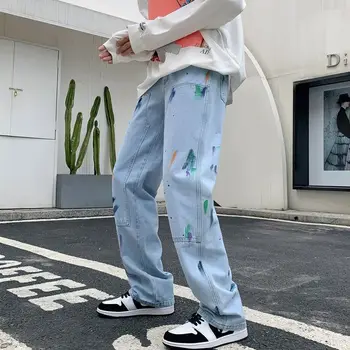 Pamuk Graffiti Kot Erkekler Moda Retro Baggy Rahat Düz Kot Erkekler Streetwear Gevşek Hip Hop Denim Pantolon Adam S-2XL Pantolon