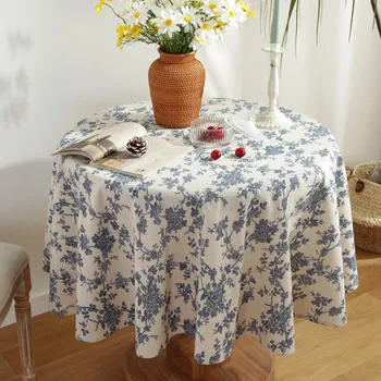 Pamuk ve Keten Yuvarlak Masa Örtüsü Vintage Mavi Çiçek Baskılı Noel dekorasyon yemek masası Örtüsü Ev Bahçe Çay