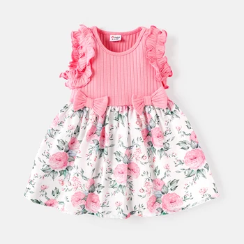 PatPat Bebek Kız Pamuk Nervürlü fırfır etekli Yay Ön Çiçek Baskı Eklenmiş Tank Elbise