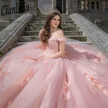 Pembe Prenses Kapalı tek omuzlu elbise Quinceanera 2023 İçin Çiçek Sevgiliye Balo Vestido De 15 Anos Tatlı 16
