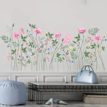 Pembe Çiçekler Bitki Kelebek duvar çıkartmaları Oturma Odası Yatak Odası Arka Plan PVC Çiçeği Çiçek Duvar Çıkartmaları Ev Dekor Duvar Resimleri