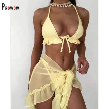 Prowow Kadınlar Bikini Set Fırfır Örgü Kapak-up Üç Parçalı Mayo mayolar 2023 Yeni Yaz Bayan Mayolar Beachwear
