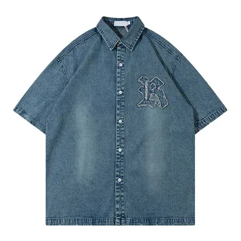 Püskül Mektup Ekleme Büyük Boy Gömlek Streetwear Hip Hop Gevşek Düğme Bluz Harakuju Yaz Üstleri