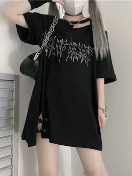 QWEEK Y2k Gotik Harajuku T Shirt Kadın Goth Koyu Grunge Streetwear Mektup Kapalı Omuz Tshirt Siyah Tops2023 Yaz Moda