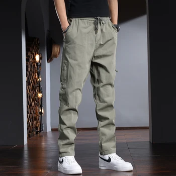 Rahat Yeşil Pamuk erkek Pantolon Yaz Japonya Tarzı Baggy Düz Elastik Bel İpli CP2225