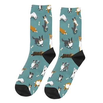 Retro Hırka Corgi Desen Teal erkek Çorap Corgi Köpek Hayvan Unisex Yenilik Dikişsiz Baskılı Komik Ekip Çorap Hediye
