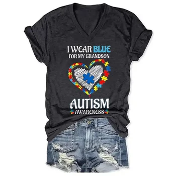 Rheaclots kadın Giyim Mavi TORUNUM Otizm Farkındalık Aşk Bulmaca Baskı V Yaka kısa kollu tişört
