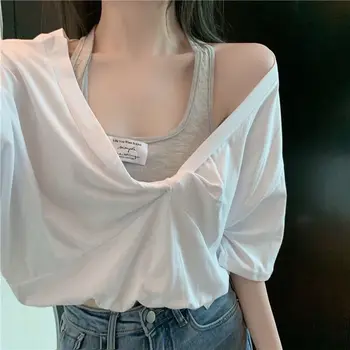 SABİNAX 2023 Yaz Sahte İki Off-omuz kısa kollu tişört kadın Kısa Kırpma Üst kore modası Giyim yazlık t-shirt