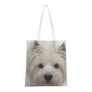 Sevimli Westie Köpek Bakkal alışveriş çantası Baskı Tuval alışveriş çantası omuzdan askili çanta Yıkanabilir West Highland Beyaz Terrier Köpek Çanta