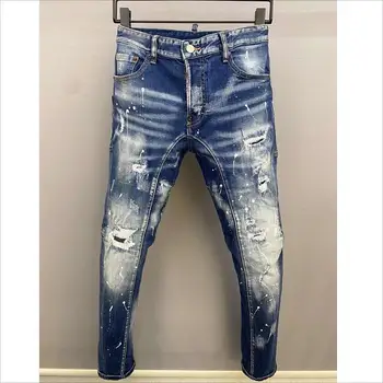 SIMGE marka erkek Skinny Jeans Yırtık Delik elastik Boya Sprey Dikiş Dilenci Pantolon DSQ BİKER KOT mavi renk A603