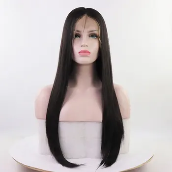 Siyah Renk Sentetik Dantel ön peruk Uzun İpeksi Düz ısıya dayanıklı iplik Saç Doğal Saç Çizgisi Orta Ayrılık Kadınlar İçin