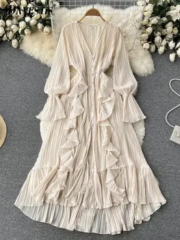 Tatil Rüzgar şifon elbise Kadınlar 2023 Yaz İnce Kesit Nefes V Yaka Uzun Kollu Elbiseler Kadın Bel Moda uzun elbise