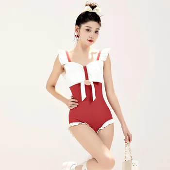 Tek Parça Mayo Kadınlar için Kore Moda Stil Göbek Kaplama Küçük Göğüs Yüksek Bel Kaplıca Mayo 2023 Yeni