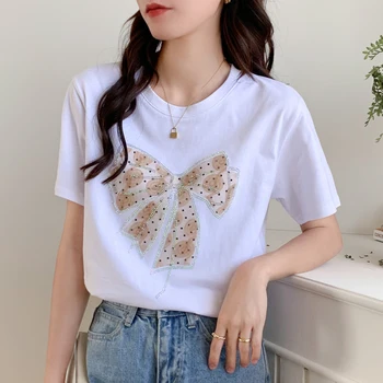 TuangBiang Yaz 2023 Aplikler Yay Patchwork Beyaz pamuklu tişört Taklidi Rahat O-boyun Kısa Kollu Yumuşak Gömlek Kadın Üst