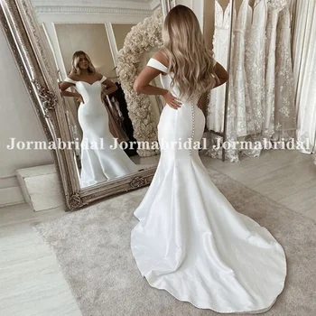 Ucuz Fildişi Saten düğün elbisesi Sevgiliye Boyun Çizgisi Mermaid gelinlikler Düğmeler Sweep Tren Basit Gelin Elbiseleri 2023