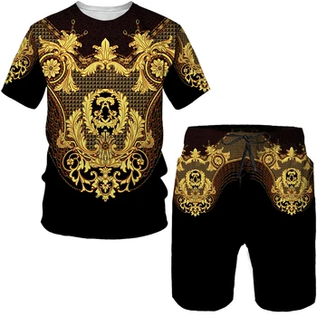 Vintege Barok Tarzı 3D Baskı erkek eşofman Moda Altın Desen T-Shirt / Şort / Setleri Hip Hop Erkek Streetwear Giyim Takım Elbise