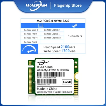 WALRAM M. 2 nvme ssd 2230 512GB 1TB PCIe Gen3 x4 NVMe SSD Microsoft Surface Pro X için Yüzey Dizüstü 3 buhar güverte M. 2 nmve ssd