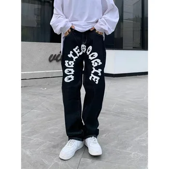 Y2K erkek Kafatası Desen Mektubu Baskılı Kot Harajuku Yeni Amerikan Tarzı Retro Sokak Hip Hop Gevşek Rahat Düz Bacak Pantolon