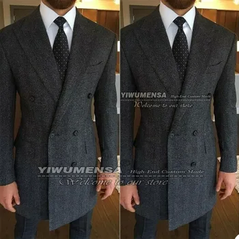 Yakışıklı Erkek Takım Elbise Ceketler Derin Gri Balıksırtı Yatak Açma Yaka Orta uzunlukta Kruvaze Palto Sigara İş Blazer Ceket