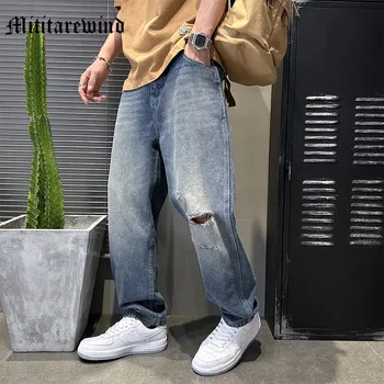 Yaz Delik Yırtık Düz Kot Hip Hop Pantolon Gevşek Rahat Geniş Bacak Sıkıntılı Yıkama Kot Büyük Boy Katı Moda Vibe Pantolon