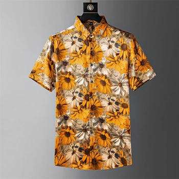 Yaz Sanat Ayçiçeği Baskılı erkek gömleği Kısa Kollu Gevşek Casual Gömlek İnce Nefes Büyük Boy Plaj Tatil Gömlek M-4XL