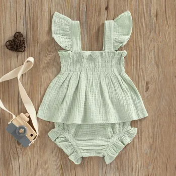 Yaz Yenidoğan Setleri Bebek Kız Kısa Düz Renk Sinek Kollu Üstleri Fırfır Şort Giyim bebek nesneleri 0 ila 3 Yıl