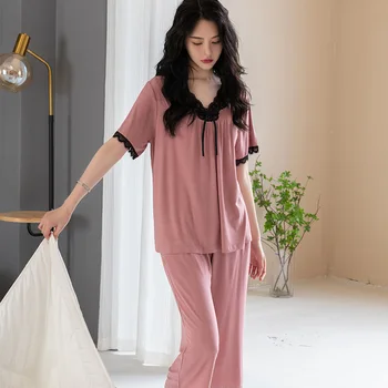 Yeni Kadın Gevşek Pijama Takım Elbise Bahar Yaz Seksi 2 ADET Pijama Dantel Yay Tatlı Kıyafeti Rahat Konfor Ev Pijama Samimi Giyim