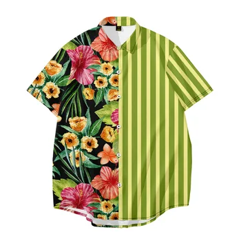 Yeni moda Çiçek Şerit baskı Gevşek Kısa Kollu Yaz Casual erkek Gömlek Camisa