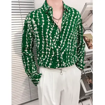 Yeni Sonbahar Erkekler Marka Casual Gömlek Bahar Baskılı Yaka uzun Kollu Bluz Streetwear Tops 2023 Kore Gevşek Moda Camisas M11