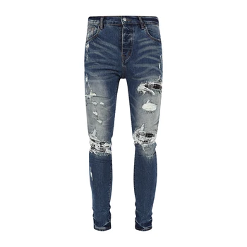 Yeni Tasarım erkek Yırtık Kot Koyu Mavi Sıkıntılı Streetwear Moda İnce Patchwork Hasarlı Yırtık Kot pantolon Açık mavi kot Pantolon