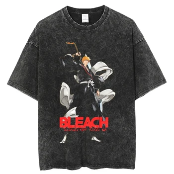 Yeni Yaz Rahat Büyük Boy T-shirt Anime Çamaşır Suyu Grafik Baskı Erkek Vintage Yıkanmış Hip Hop Tees Unisex Kısa Kollu üstleri