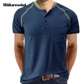 Yeni Yaz T Gömlek Erkekler Rahat Gevşek Kısa Kollu Henry Yaka Nefes Erkek T-Shirt ABD Boyutu S-XXL Patchwork Renk Üstleri Tee