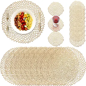 Yuvarlak Preslenmiş Vinil Placemats Metalik Bardak Masa Paspaslar Mutfak Düğün Yemeği Centerpiece Dekor Yeni Yıl Parti Malzemeleri
