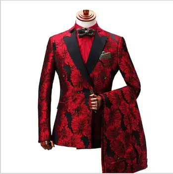 Yüksek Kalite Moda Kırmızı Çiçek Baskılı Damat Erkek Takım Elbise Kruvaze Blazer Balo Parti Smokin Doruğa Yaka Erkekler Düğün Takımları