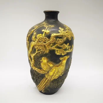 Çin Eski Antik Bronz Yaldız Erik çiçeği Saksağan Vazo Pot Pirinç Bakır