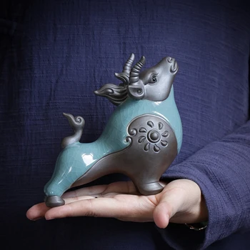Çin süs crackle sır porselen çay hayvan öküz heykeli yaratıcı masa dekorasyon ev ısınma hediye mor kil