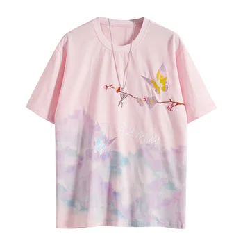 Çin Tarzı Pamuk işlemeli tişört Çiçek Kelebek Tişörtleri Batik Harajuku Streetwear Erkekler Yaz T - Shirt Kadınlar İçin CS582