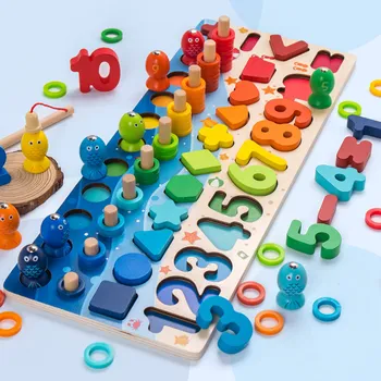 Çocuklar Montessori Matematik Oyuncaklar Toddlers İçin Eğitici Ahşap Bulmaca Balıkçılık Oyuncaklar Sayısı Numarası Şekil Eşleştirme Sıralayıcısı Oyunları Kurulu Oyuncak